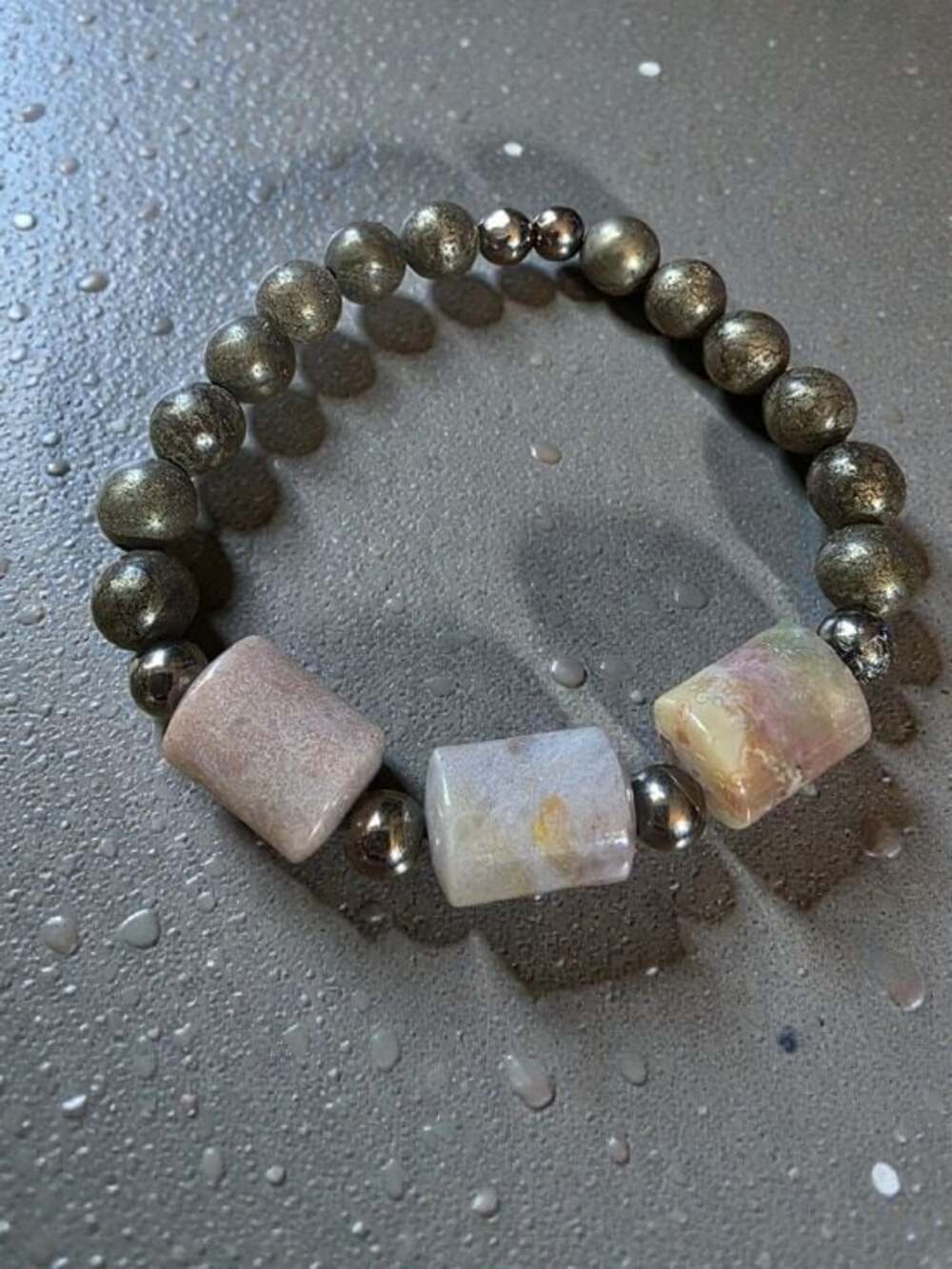 Styleandstone Pyrite Pink Marbled Stone Stretch Bracelet
